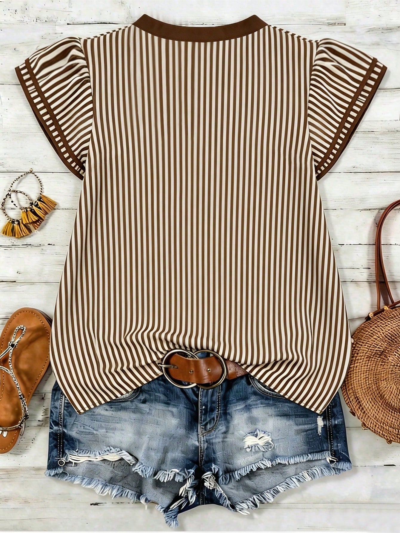 Louniche Women's Casual Striped V-Neck Top, Brown And White Striped, Short Puff Sleeves With Contrast Trim, Loose Fit Everyday Top For Women, Women's Summer Top, Women's Office Top