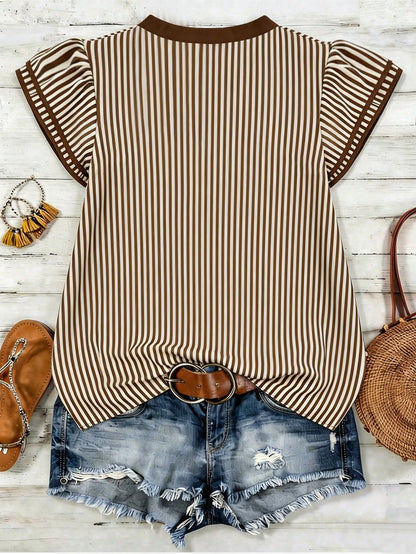 Louniche Women's Casual Striped V-Neck Top, Brown And White Striped, Short Puff Sleeves With Contrast Trim, Loose Fit Everyday Top For Women, Women's Summer Top, Women's Office Top