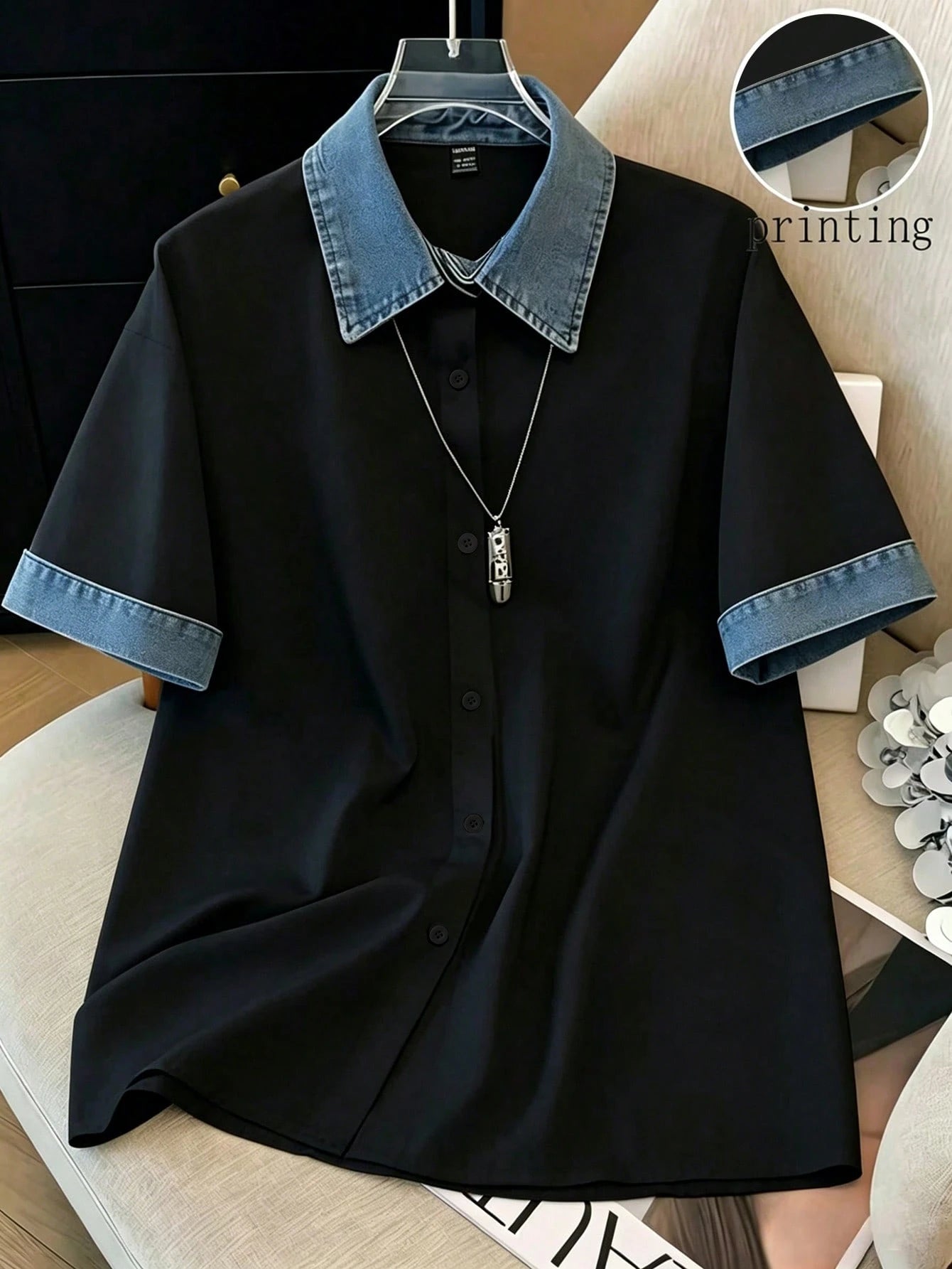 Louniche Women's Printed Comfortable Denim Effect Short Sleeve Top Back-To-School School Black Summer Preppy