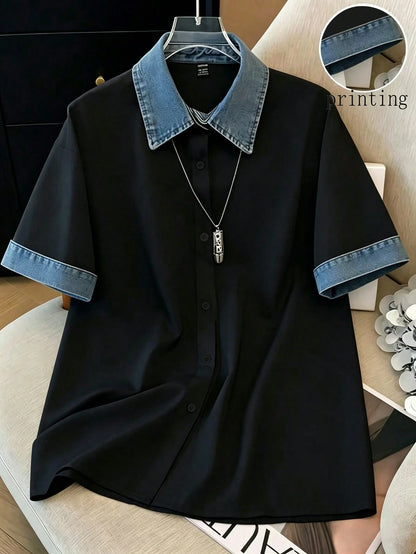Louniche Women's Printed Comfortable Denim Effect Short Sleeve Top Back-To-School School Black Summer Preppy