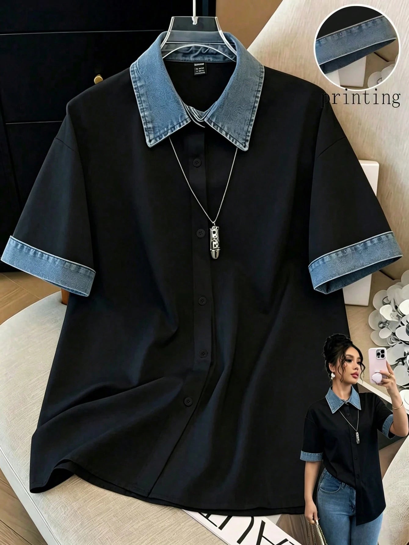 Louniche Women's Printed Comfortable Denim Effect Short Sleeve Top Back-To-School School Black Summer Preppy