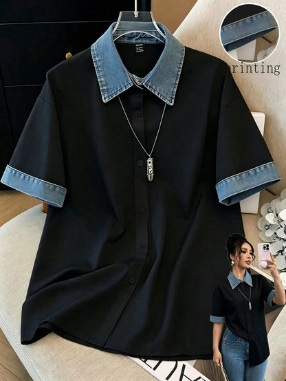 Louniche Women's Printed Comfortable Denim Effect Short Sleeve Top Back-To-School School Black Summer Preppy