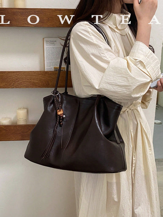 low tea 1pc Pleated PU Fabric One Shoulder Tote Bag Suitable For Commuting, Shopping, Etc. (With Pendant)