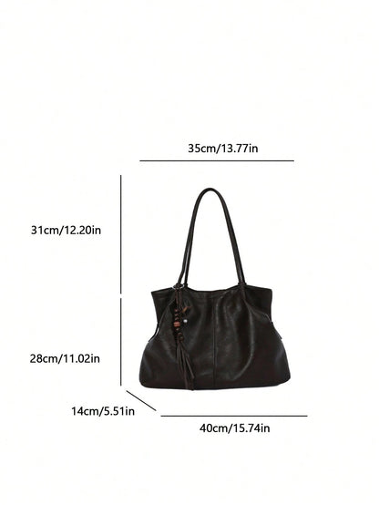 low tea 1pc Pleated PU Fabric One Shoulder Tote Bag Suitable For Commuting, Shopping, Etc. (With Pendant)