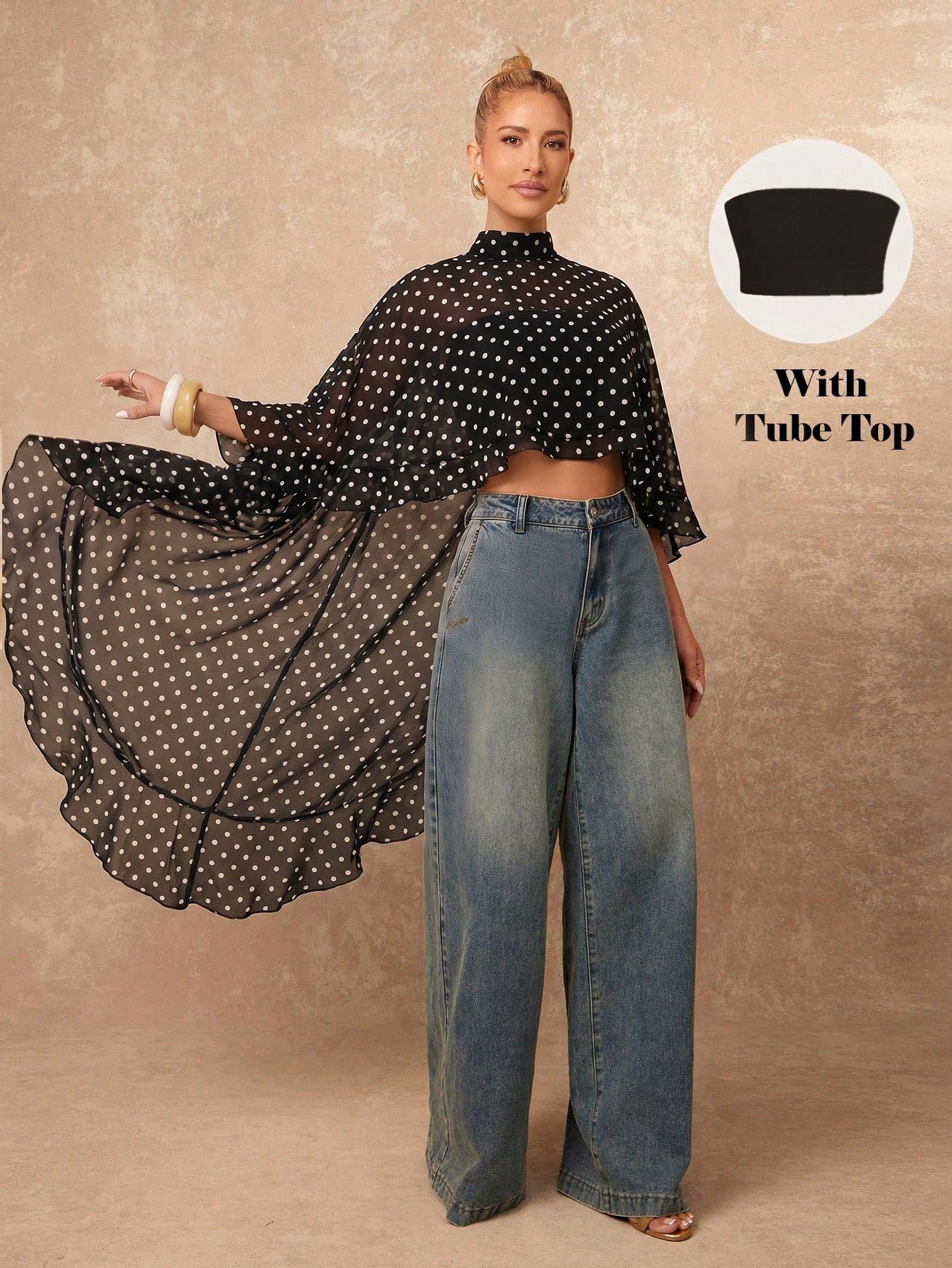 Lumalex Women's Elegant Black And White Polka Dot 2-Piece Set,Summer Cape Sleeve Stand Collar Asymmetrical Ruffled Blouse With Tube Top,Tea Party Night Out