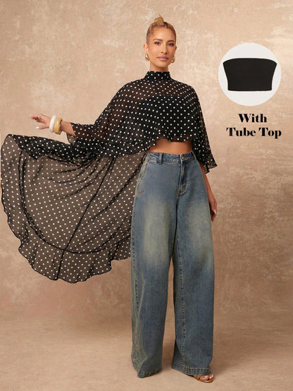 Lumalex Women's Elegant Black And White Polka Dot 2-Piece Set,Summer Cape Sleeve Stand Collar Asymmetrical Ruffled Blouse With Tube Top,Tea Party Night Out