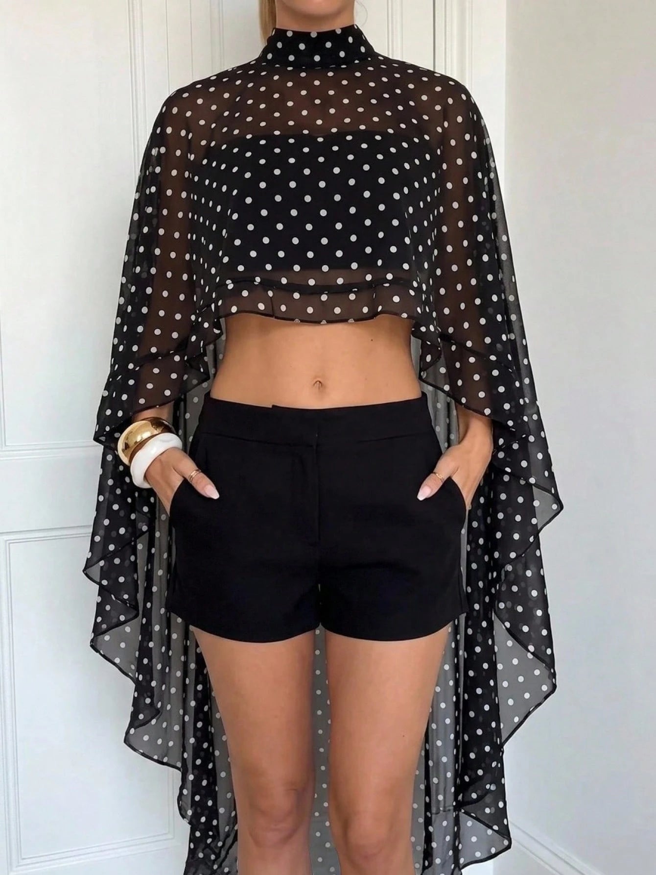 Lumalex Women's Elegant Black And White Polka Dot 2-Piece Set,Summer Cape Sleeve Stand Collar Asymmetrical Ruffled Blouse With Tube Top,Tea Party Night Out