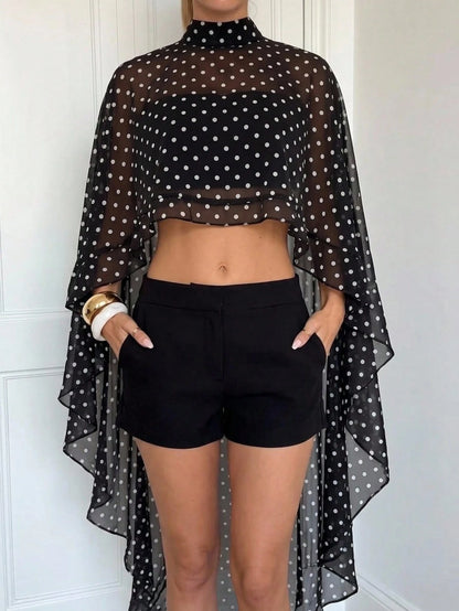 Lumalex Women's Elegant Black And White Polka Dot 2-Piece Set,Summer Cape Sleeve Stand Collar Asymmetrical Ruffled Blouse With Tube Top,Tea Party Night Out