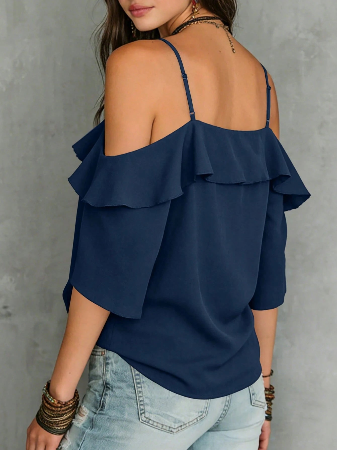 LUMIGAL Women's Summer Beach Vacation Style Solid Color Cold Shoulder Ruffle Trim Blouse