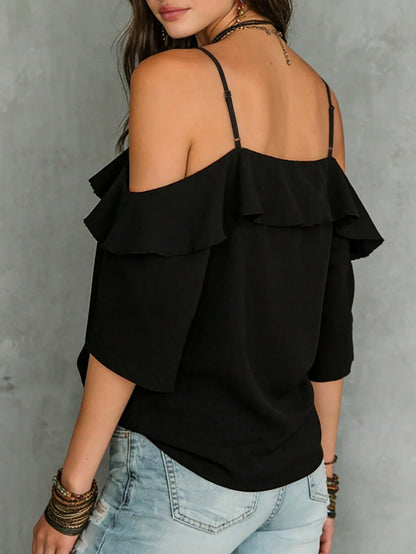 LUMIGAL Women's Summer Beach Vacation Style Solid Color Cold Shoulder Ruffle Trim Blouse