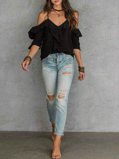 LUMIGAL Women's Summer Beach Vacation Style Solid Color Cold Shoulder Ruffle Trim Blouse