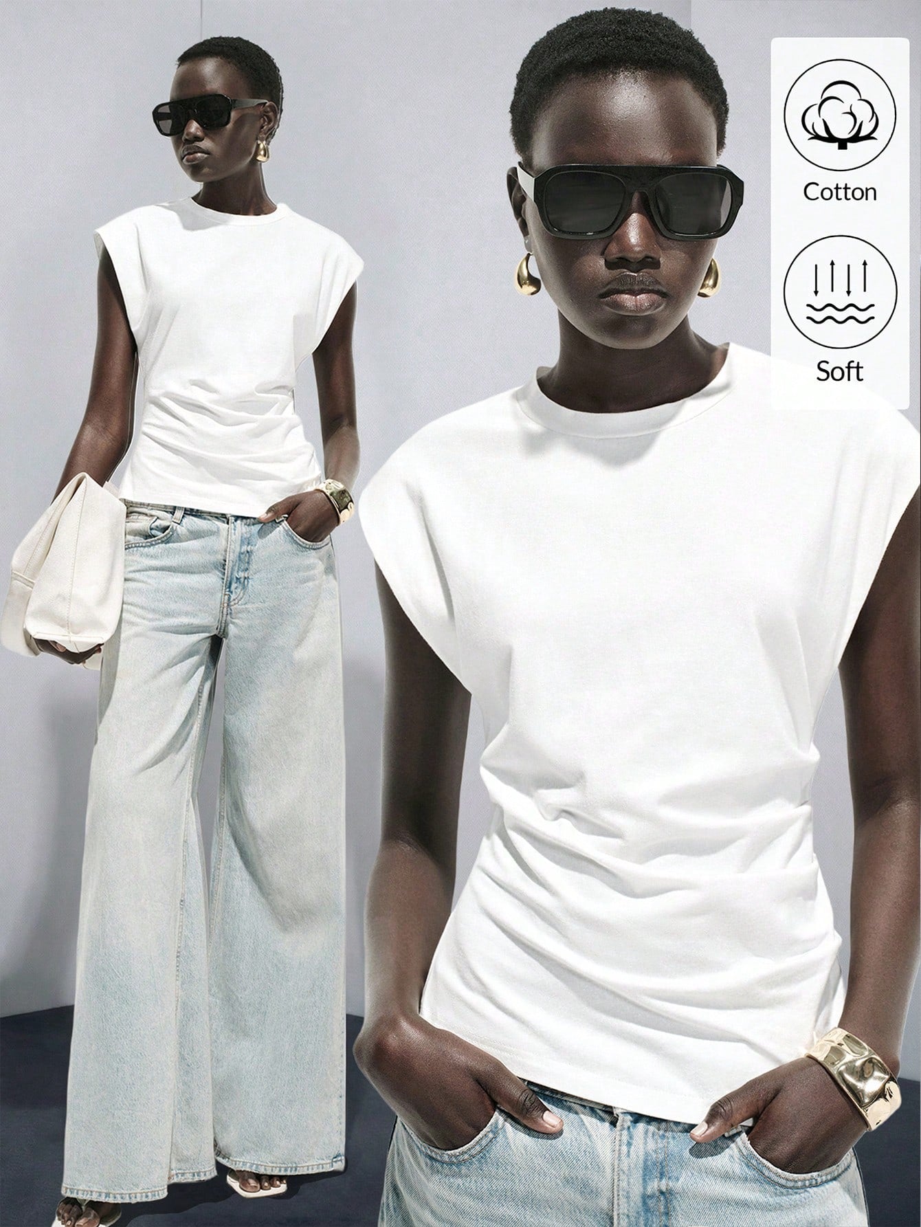 Lumivelle Women's Spring/Summer New Pure Cotton Round Neck Ruched Casual/Work T-Shirt, White