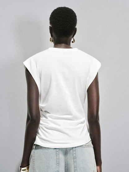 Lumivelle Women's Spring/Summer New Pure Cotton Round Neck Ruched Casual/Work T-Shirt, White