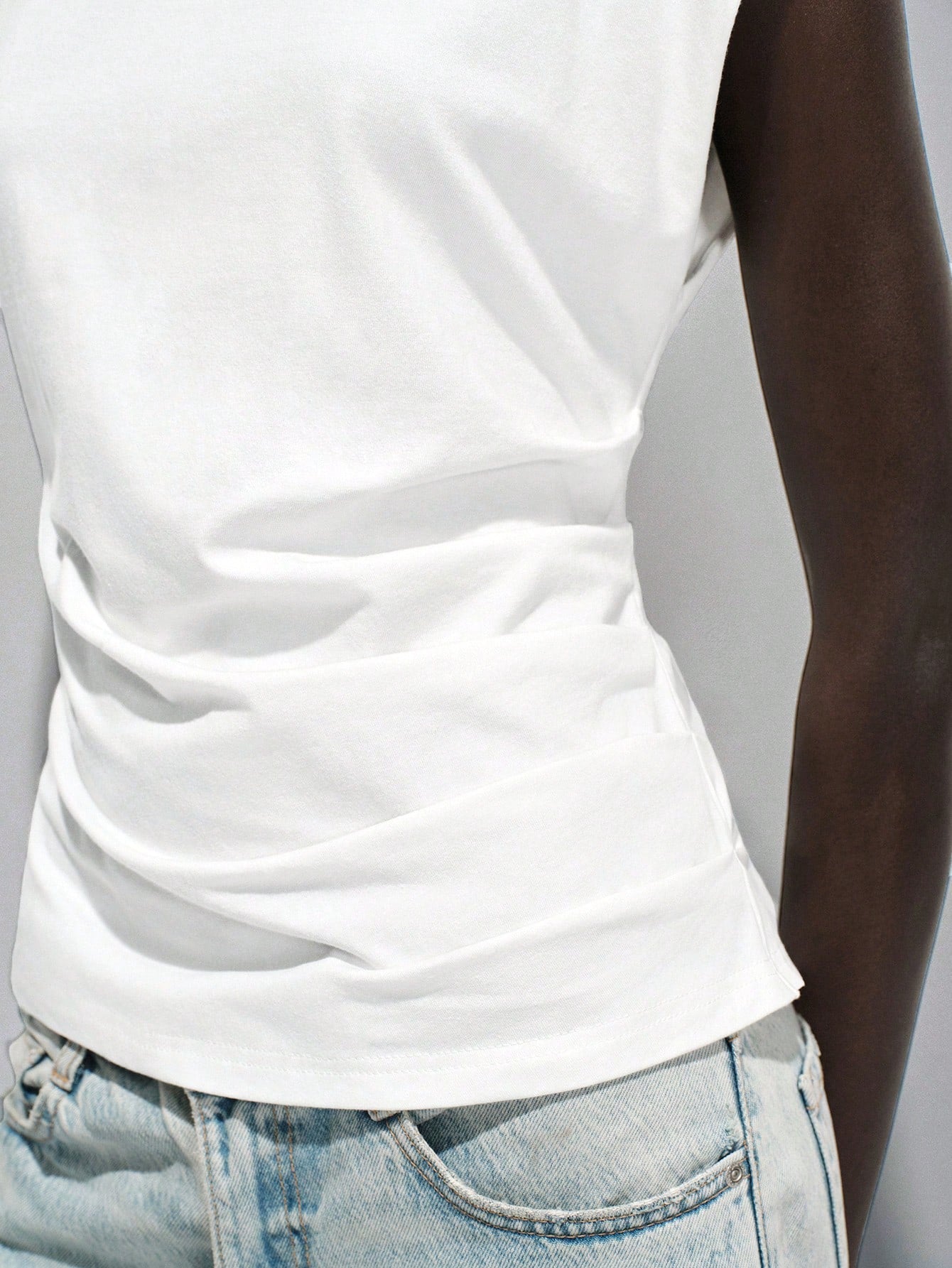 Lumivelle Women's Spring/Summer New Pure Cotton Round Neck Ruched Casual/Work T-Shirt, White