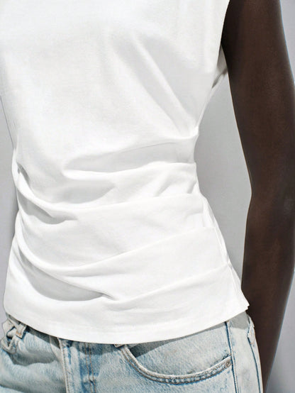 Lumivelle Women's Spring/Summer New Pure Cotton Round Neck Ruched Casual/Work T-Shirt, White