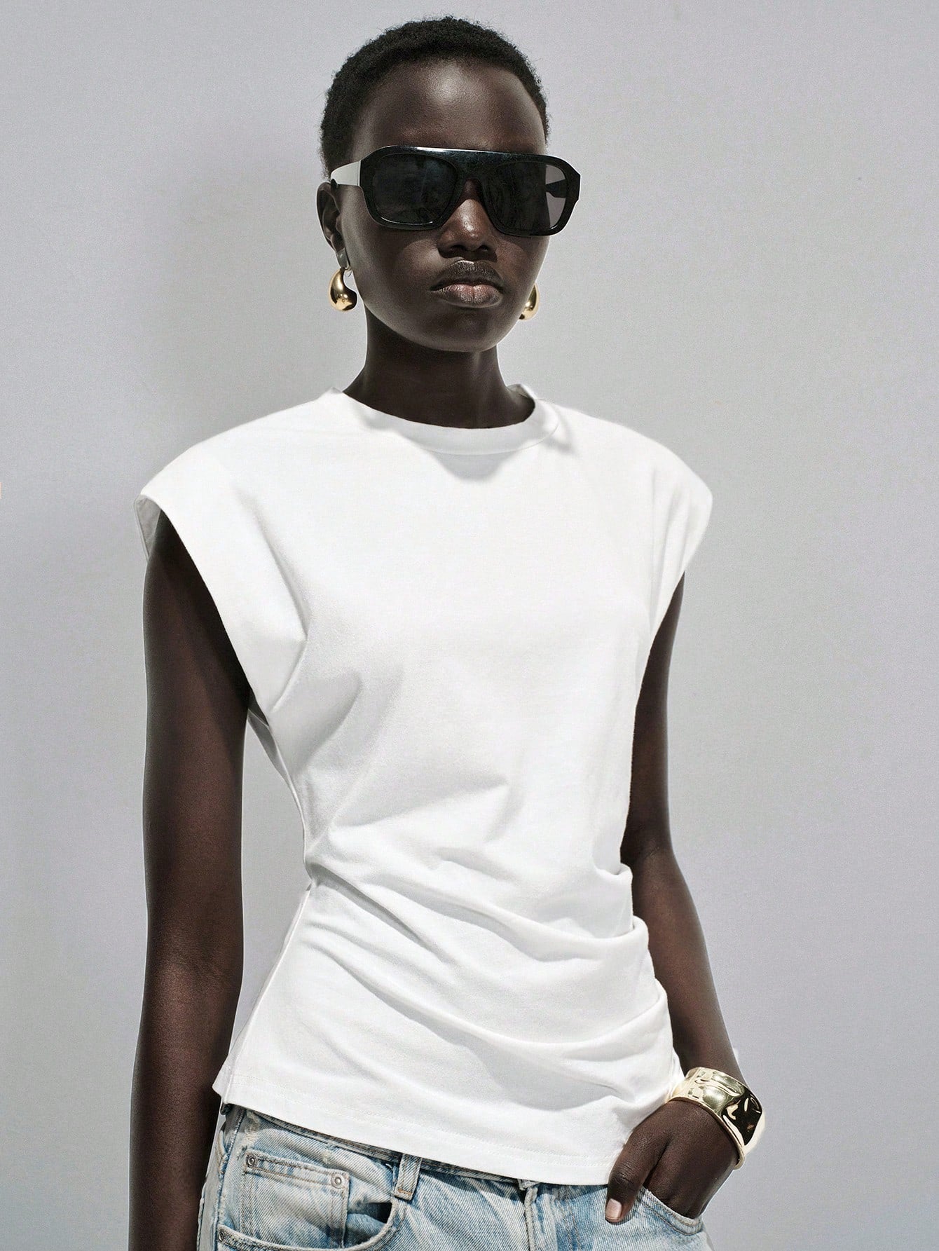 Lumivelle Women's Spring/Summer New Pure Cotton Round Neck Ruched Casual/Work T-Shirt, White