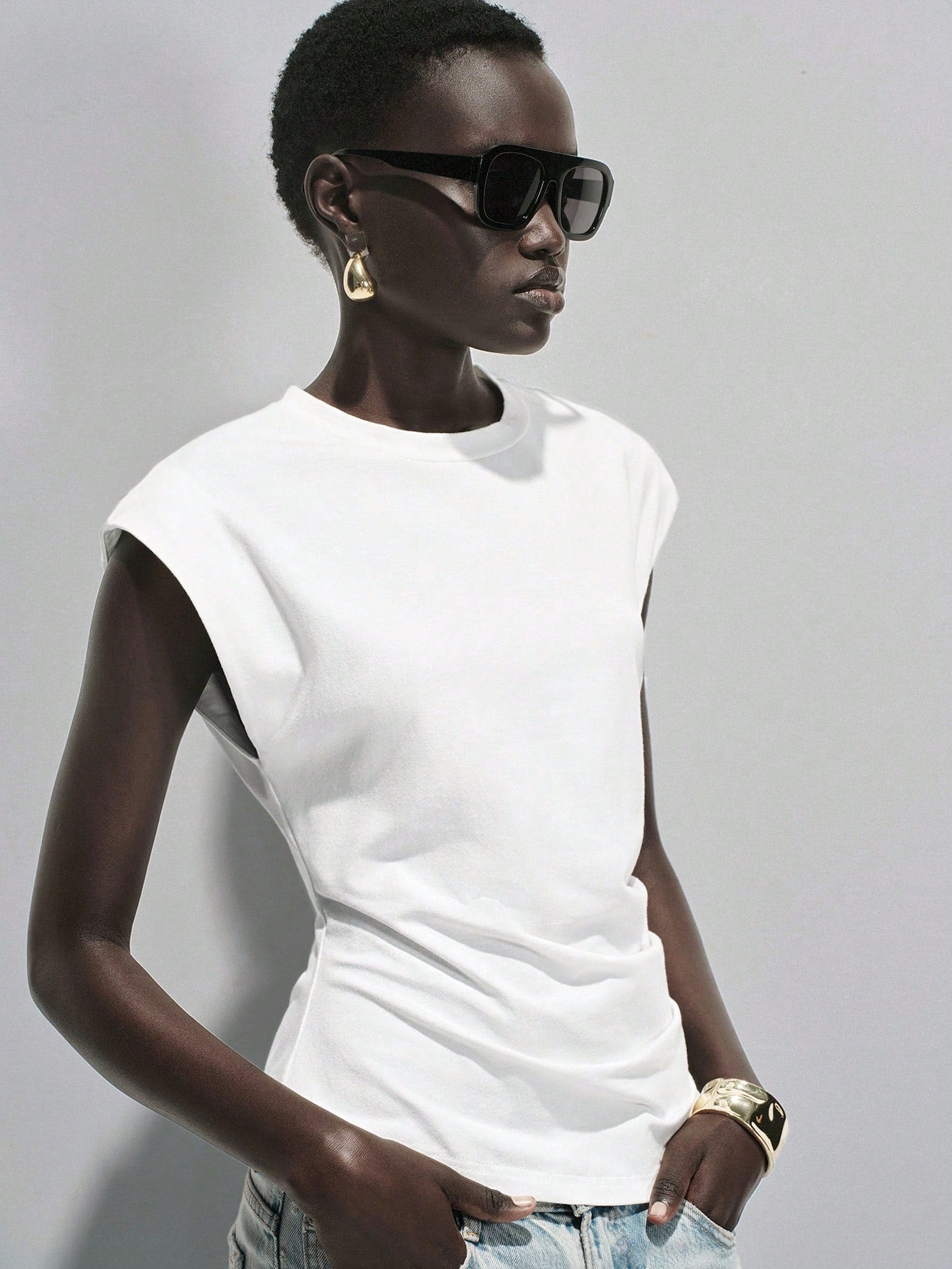 Lumivelle Women's Spring/Summer New Pure Cotton Round Neck Ruched Casual/Work T-Shirt, White
