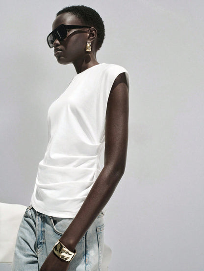 Lumivelle Women's Spring/Summer New Pure Cotton Round Neck Ruched Casual/Work T-Shirt, White