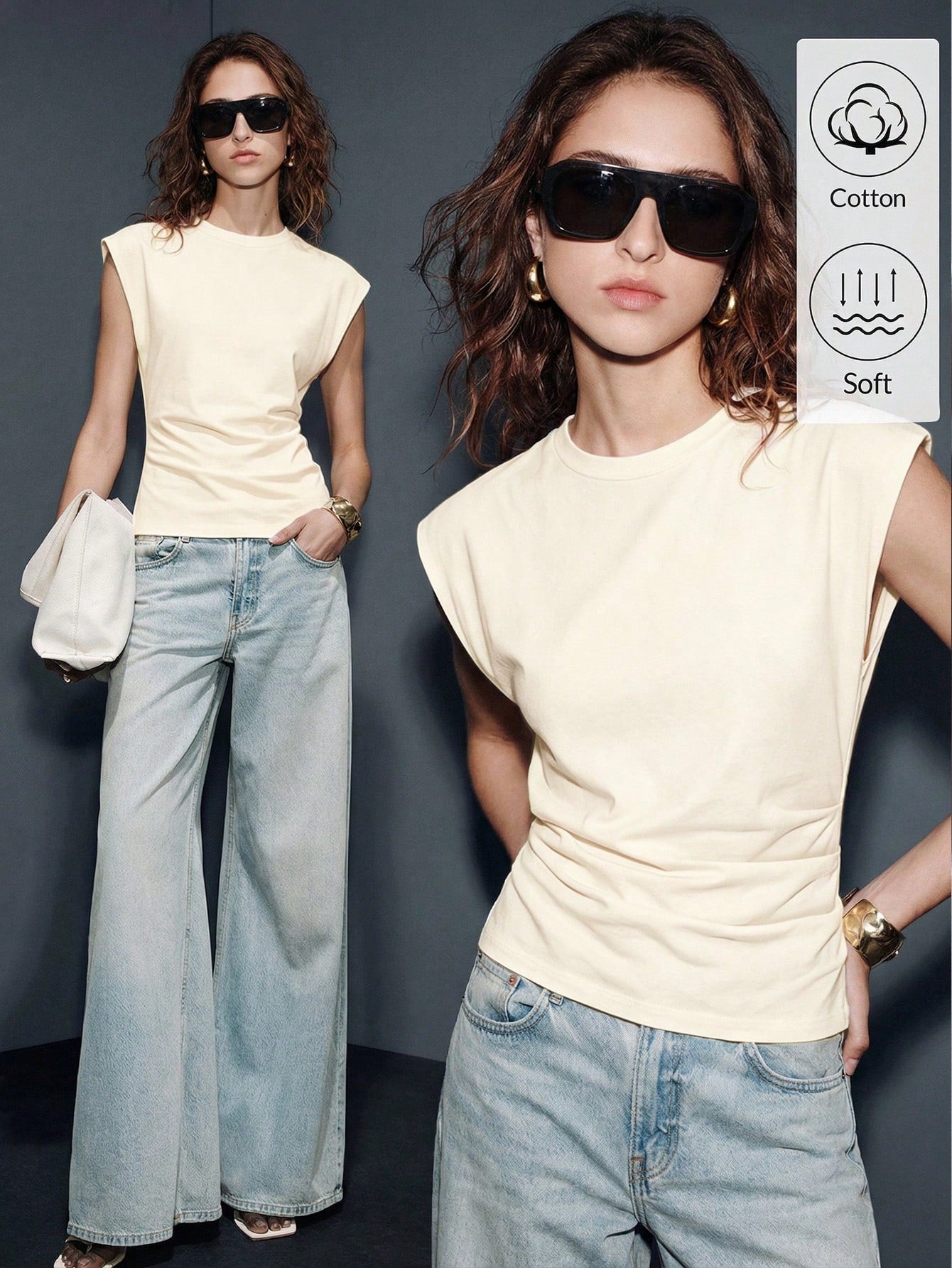 Lumivelle Women's Spring/Summer New Pure Cotton Round Neck Ruched Casual/Work T-Shirt, White