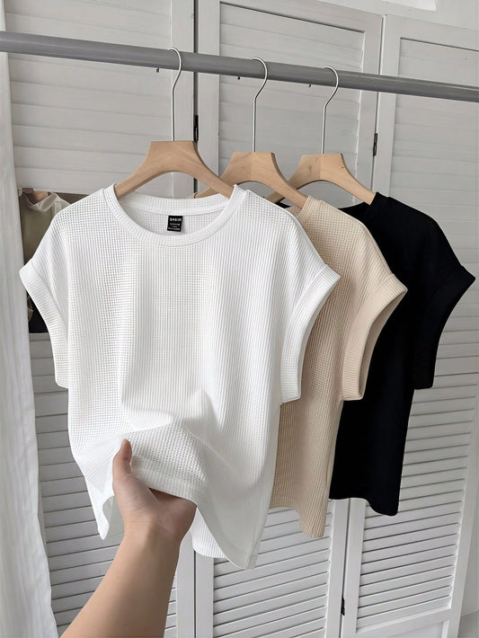 LUNE 3pcs/Set Women Casual Round Neck Drop Shoulder Short T-Shirts, Suitable For Spring & Summer,Summer Top