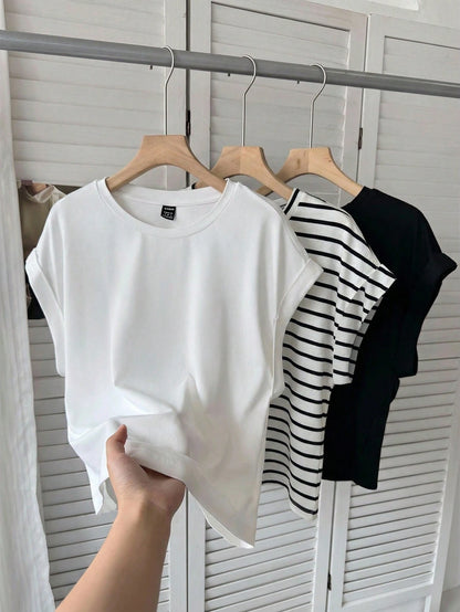 LUNE 3pcs/Set Women Casual Round Neck Drop Shoulder Short T-Shirts, Suitable For Spring & Summer,Summer Top