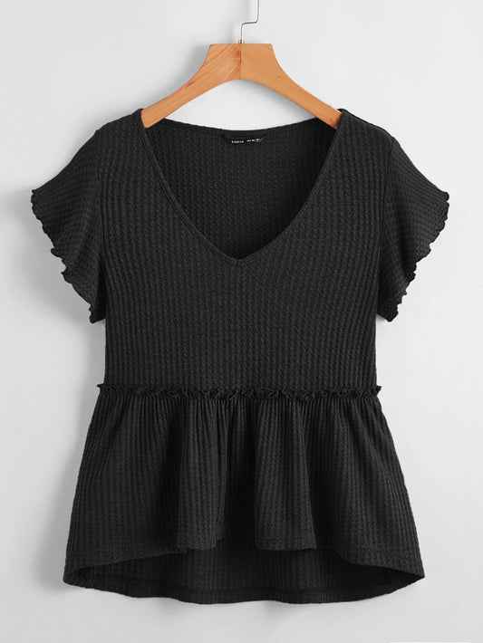 LUNE Butterfly Sleeve Waffle Knit Peplum Top