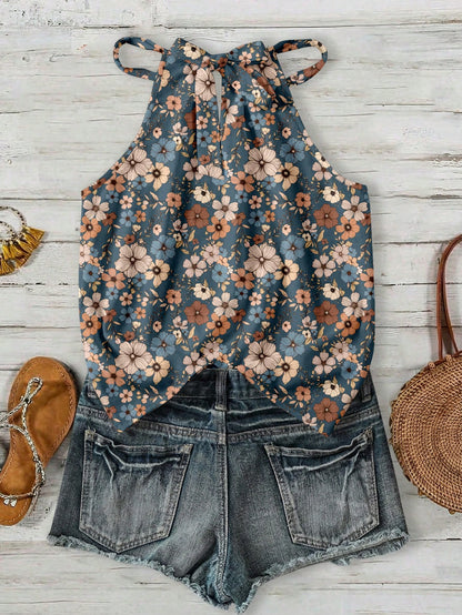 LUNE Casual Minimalist Plus Size Women Floral Pattern Halter Neck Tank Top, Suitable For Summer