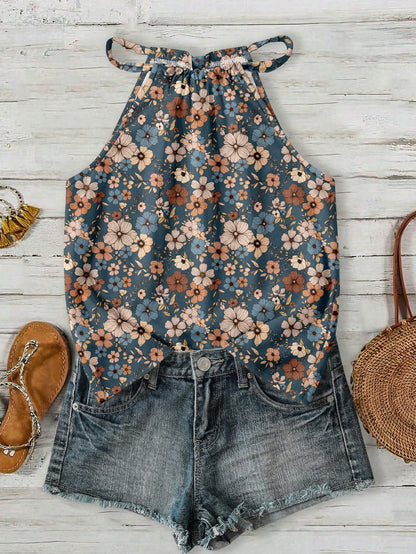 LUNE Casual Minimalist Plus Size Women Floral Pattern Halter Neck Tank Top, Suitable For Summer