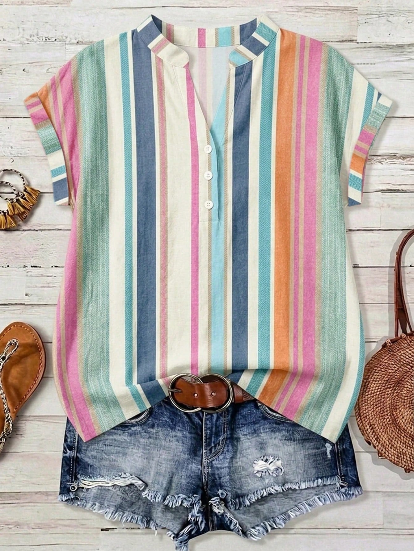 LUNE Casual Minimalist Style Colorful Asymmetrical Striped Vacation Style Women's Shirt Suitable For Spring And Summer Versatile Daily