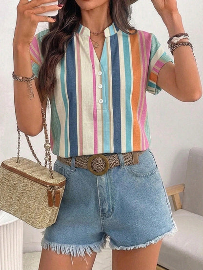 LUNE Casual Minimalist Style Colorful Asymmetrical Striped Vacation Style Women's Shirt Suitable For Spring And Summer Versatile Daily