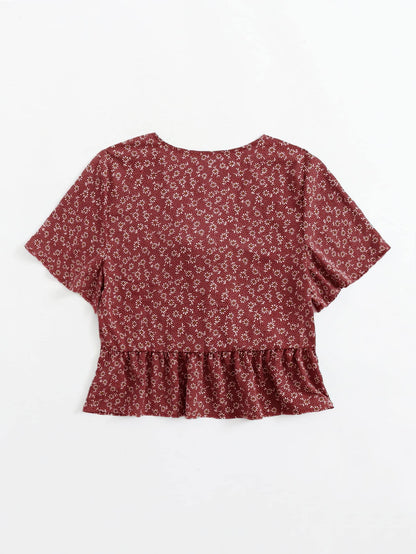 LUNE Ditsy Floral Tie Front Peplum Blouse For New Year Clothes Peplum Top