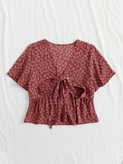LUNE Ditsy Floral Tie Front Peplum Blouse For New Year Clothes Peplum Top