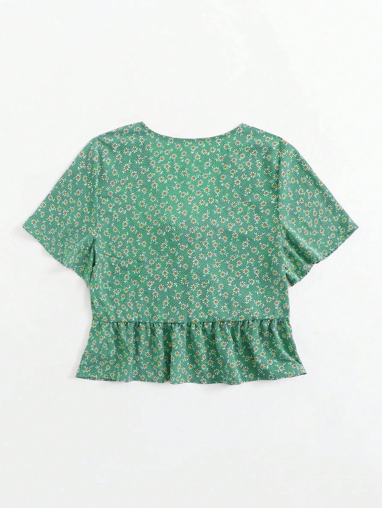 LUNE Ditsy Floral Tie Front Peplum Blouse For New Year Clothes Peplum Top