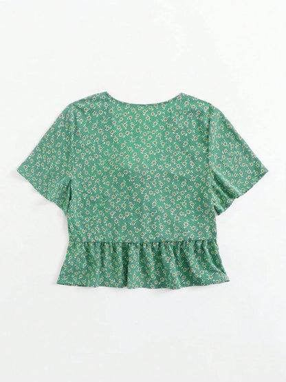 LUNE Ditsy Floral Tie Front Peplum Blouse For New Year Clothes Peplum Top