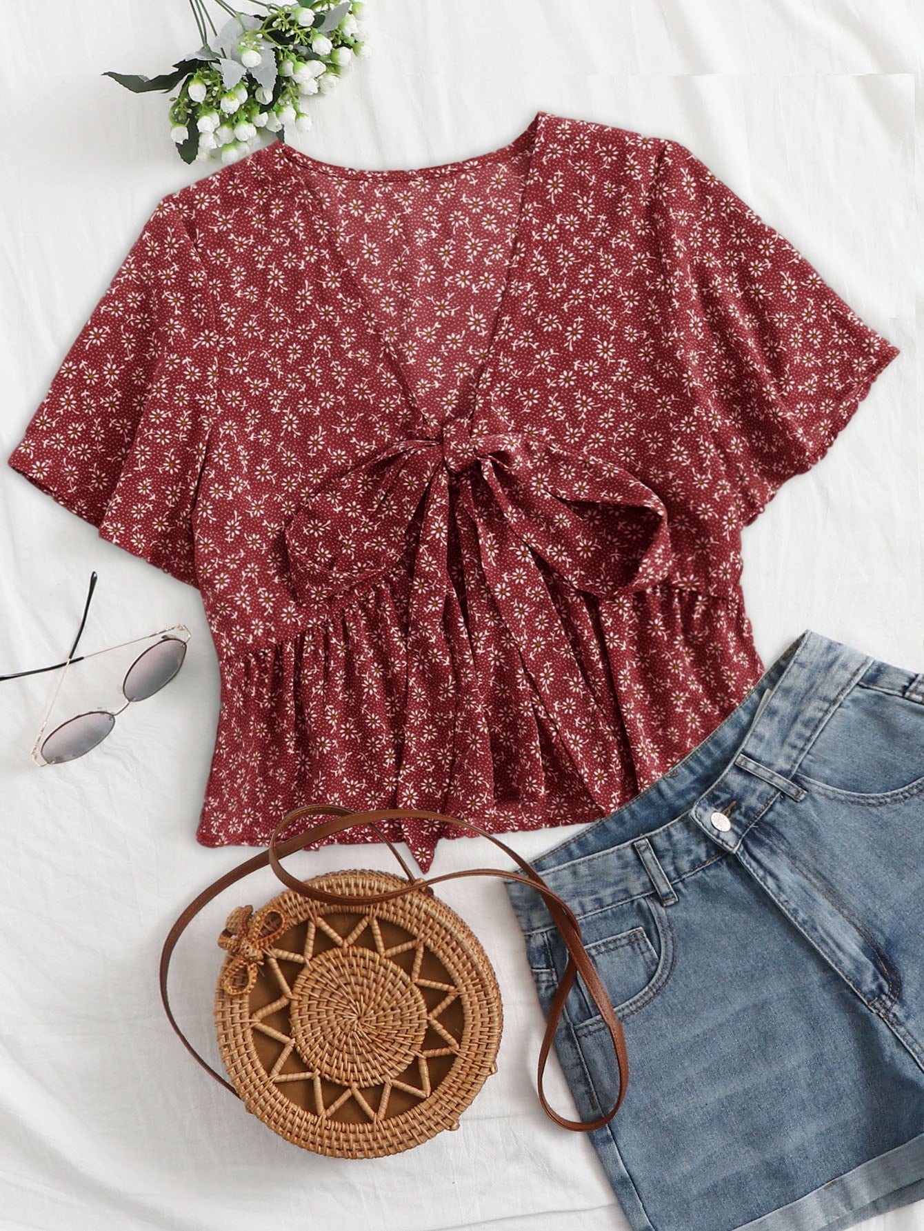 LUNE Ditsy Floral Tie Front Peplum Blouse For New Year Clothes Peplum Top