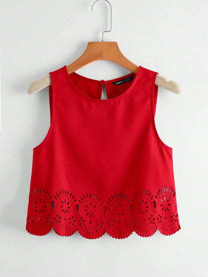 LUNE Laser Cut Scallop Trim Tank Top,Casual