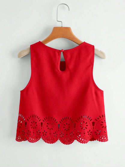 LUNE Laser Cut Scallop Trim Tank Top,Casual