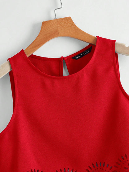 LUNE Laser Cut Scallop Trim Tank Top,Casual