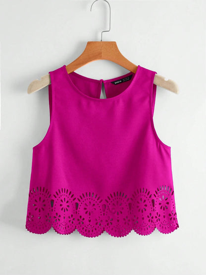 LUNE Laser Cut Scallop Trim Tank Top,Casual