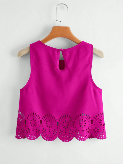 LUNE Laser Cut Scallop Trim Tank Top,Casual
