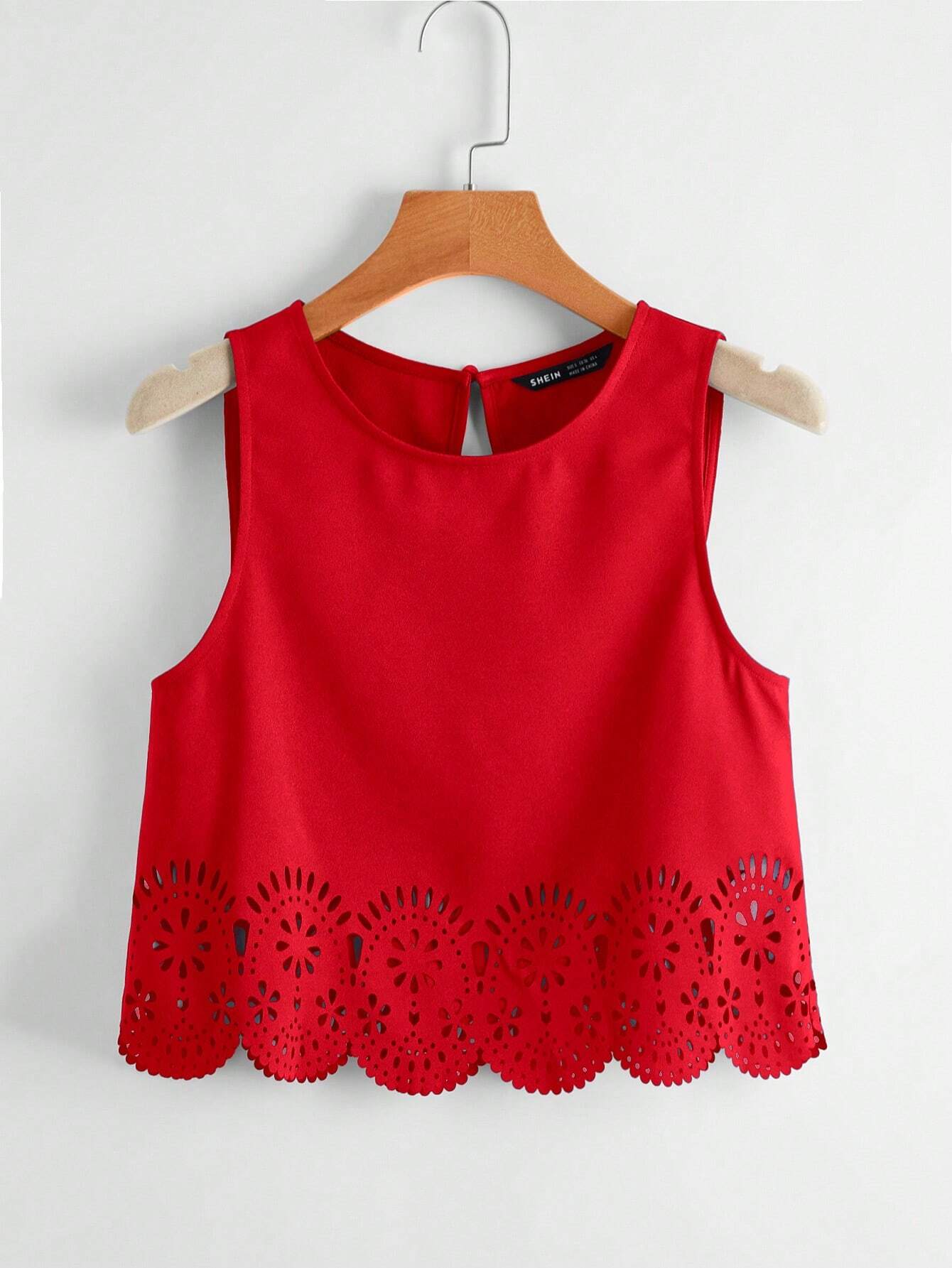 LUNE Laser Cut Scallop Trim Tank Top,Casual