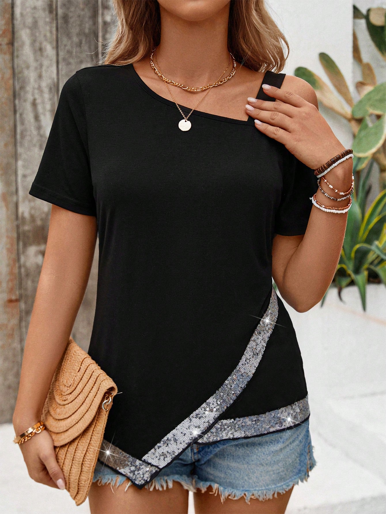 LUNE Loose Fit T-Shirt With Asymmetric Neckline And Sequin Insert