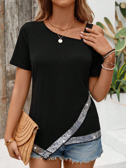 LUNE Loose Fit T-Shirt With Asymmetric Neckline And Sequin Insert