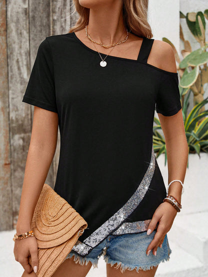 LUNE Loose Fit T-Shirt With Asymmetric Neckline And Sequin Insert
