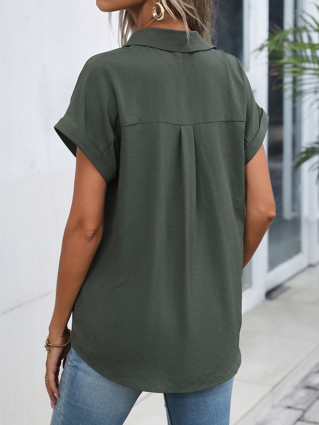 LUNE Solid Batwing Sleeve Button Front Shirt,Short Sleeve Tops
