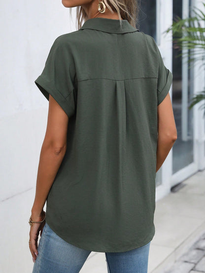 LUNE Solid Batwing Sleeve Button Front Shirt,Short Sleeve Tops