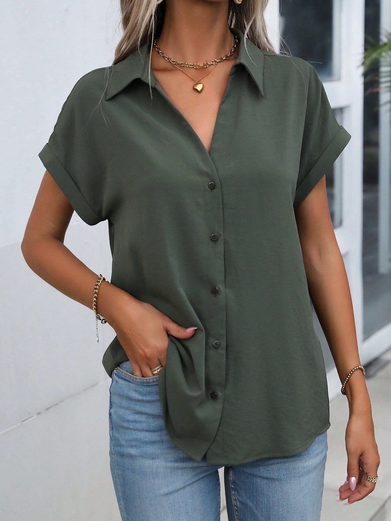 LUNE Solid Batwing Sleeve Button Front Shirt,Short Sleeve Tops