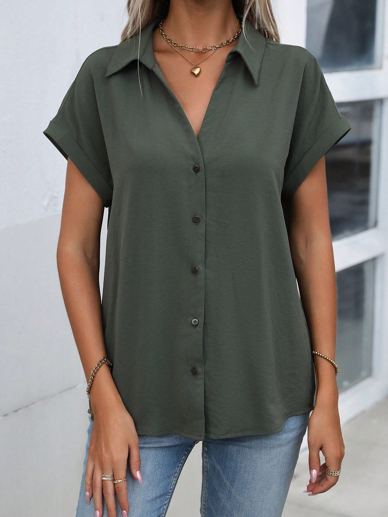 LUNE Solid Batwing Sleeve Button Front Shirt,Short Sleeve Tops