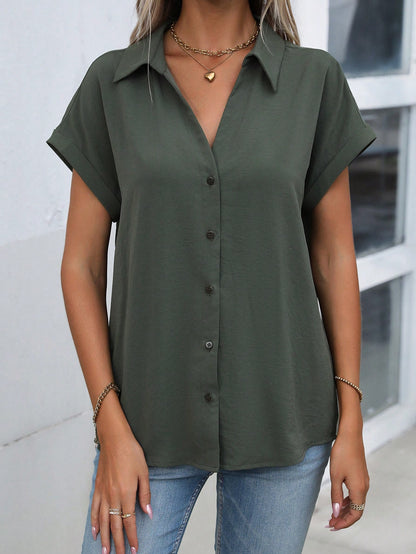 LUNE Solid Batwing Sleeve Button Front Shirt,Short Sleeve Tops