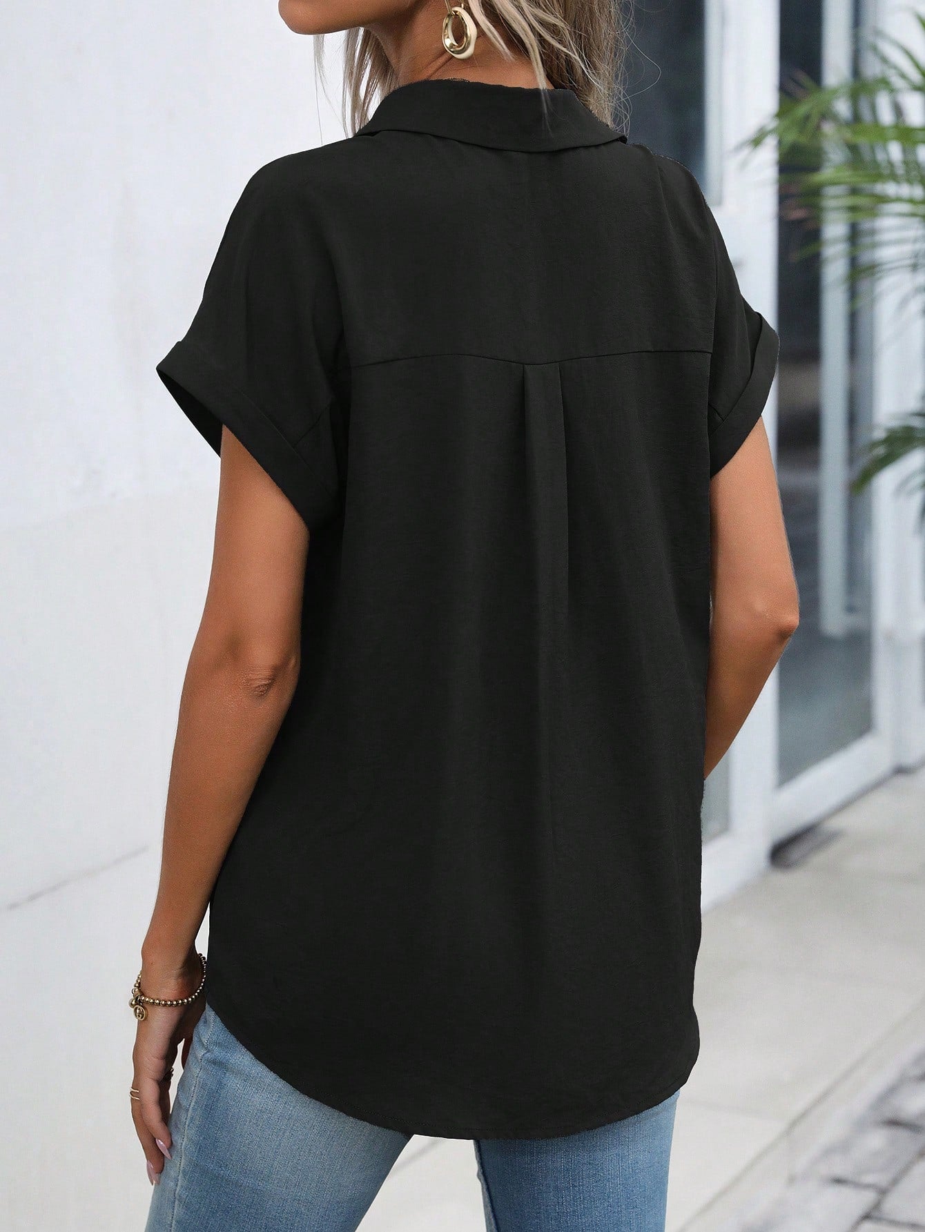 LUNE Solid Batwing Sleeve Button Front Shirt,Short Sleeve Tops